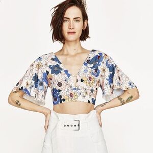 Zara Blue Floral Tie-Back Crop Top